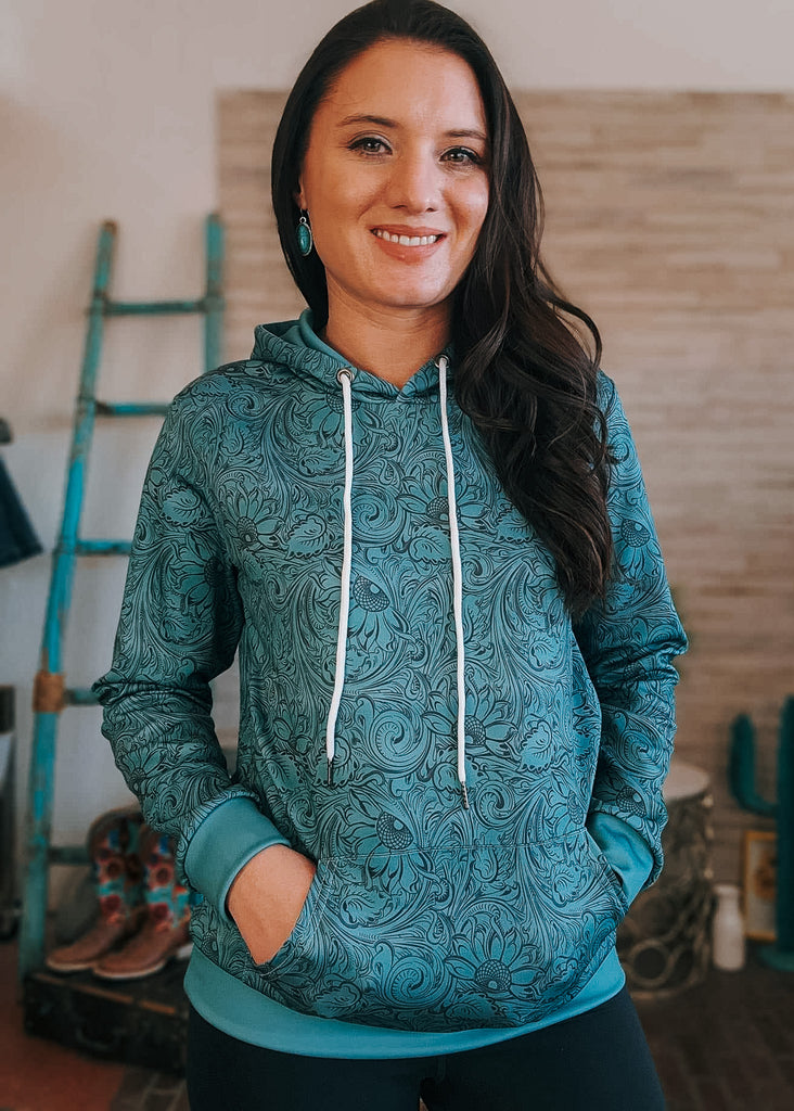 Teal Floral Tooled Hoodie Women's Pullover Hoodie With Drawstring The Cinchy Cowgirl (YC)   