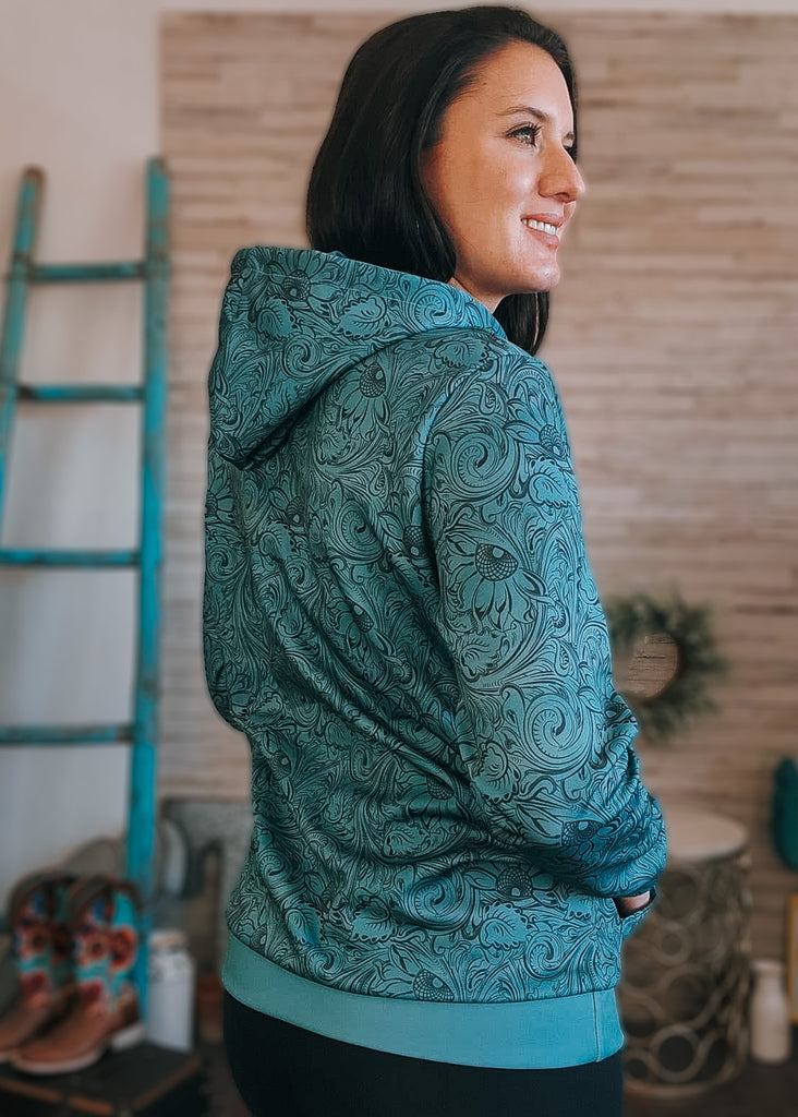 Teal Floral Tooled Hoodie Women's Pullover Hoodie With Drawstring The Cinchy Cowgirl (YC)   