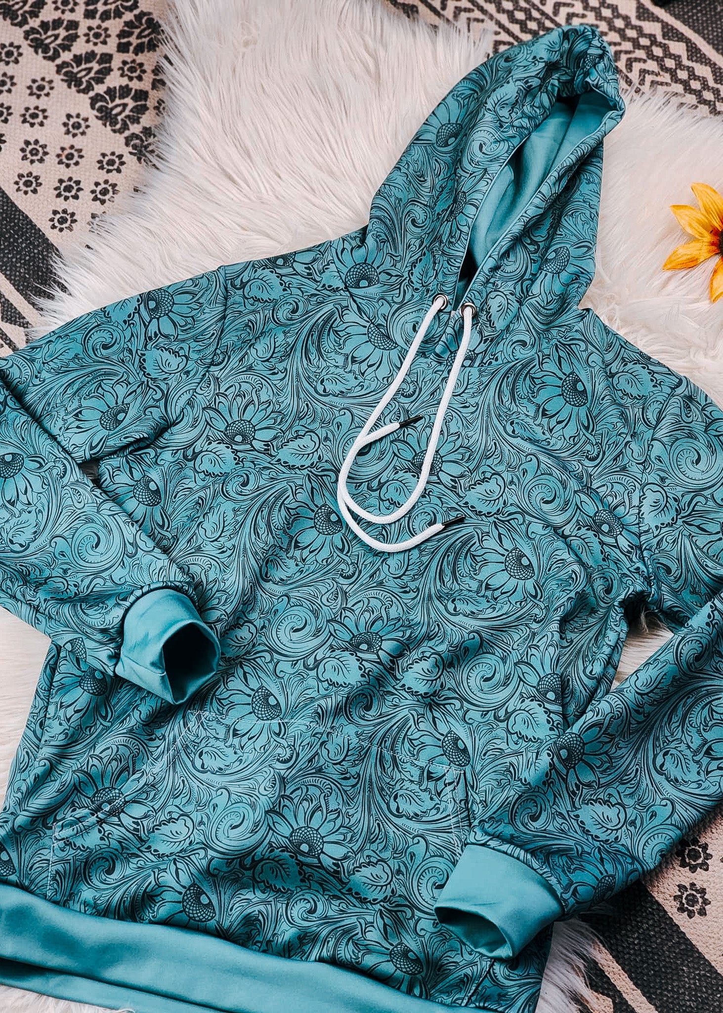 Teal Floral Tooled Hoodie Women's Pullover Hoodie With Drawstring The Cinchy Cowgirl (YC)   