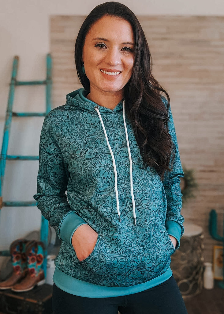 Teal Floral Tooled Hoodie Women's Pullover Hoodie With Drawstring The Cinchy Cowgirl (YC)   