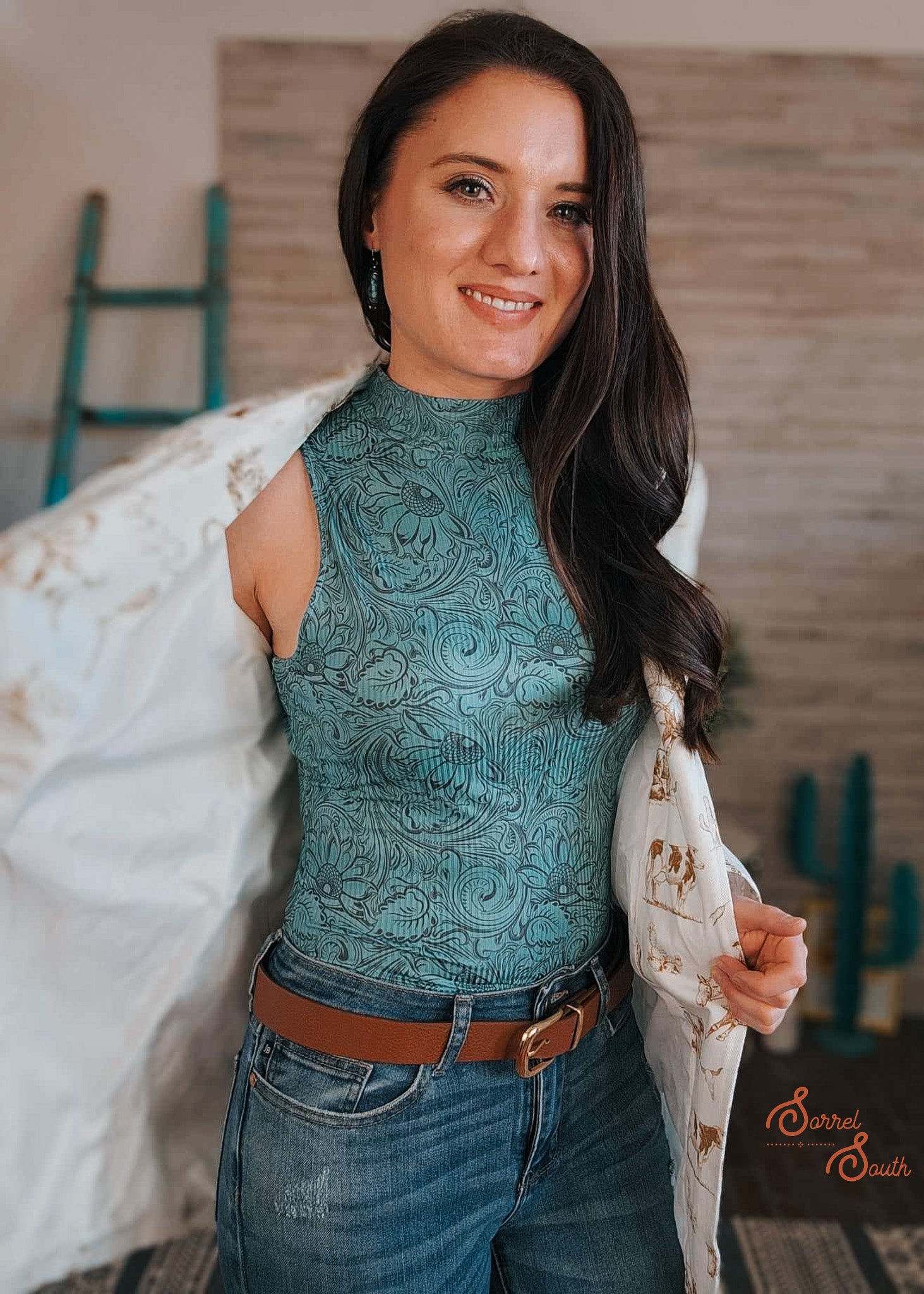 Teal Floral Leather Bodysuit bodysuit The Cinchy Cowgirl (YC)   