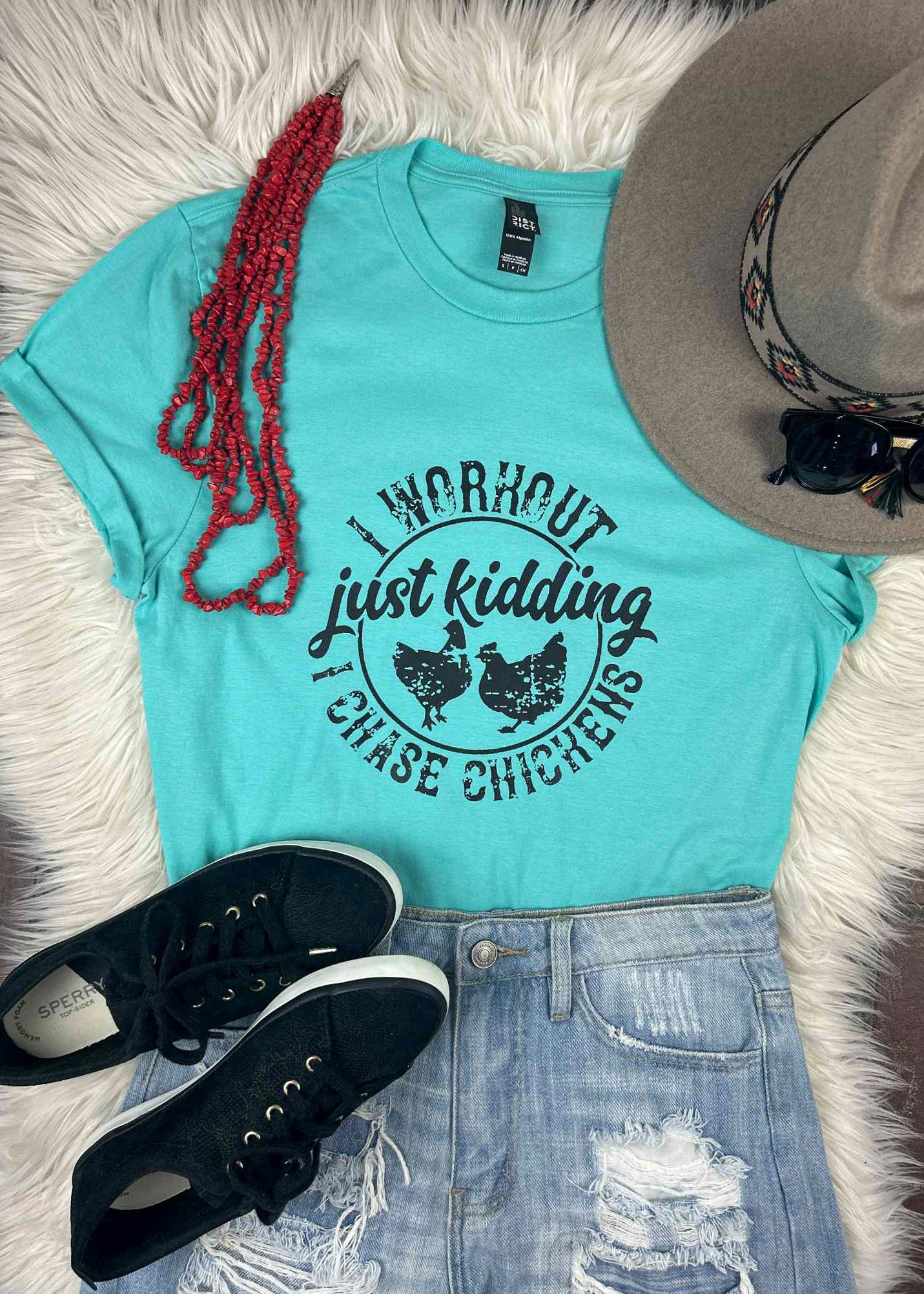 Teal I Chase Chickens Short Sleeve Shirt tcc graphic tee The Cinchy Cowgirl