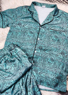 Teal Tooled Floral Silky Pajamas pajamas The Cinchy Cowgirl (YC)   