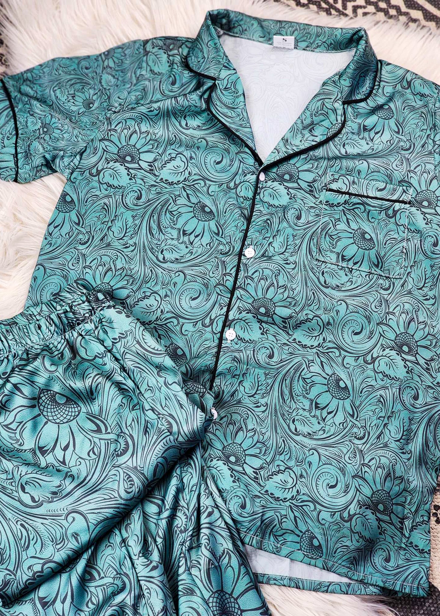 Teal Tooled Floral Silky Pajamas pajamas The Cinchy Cowgirl (YC)   