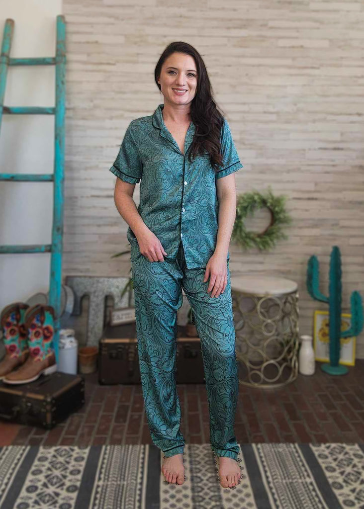 Teal Tooled Floral Silky Pajamas pajamas The Cinchy Cowgirl (YC)   