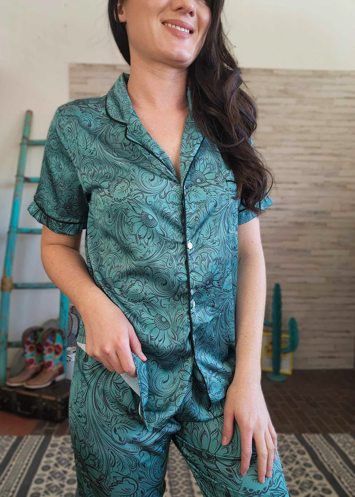 Teal Tooled Floral Silky Pajamas pajamas The Cinchy Cowgirl (YC) S  