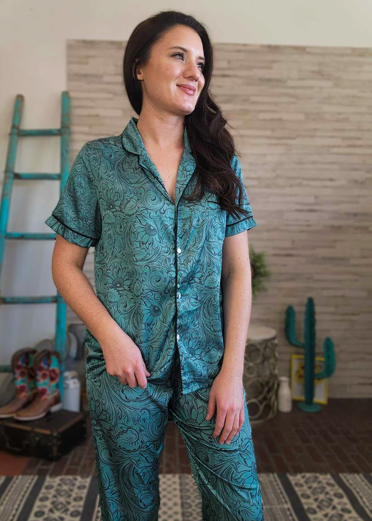 Teal Tooled Floral Silky Pajamas pajamas The Cinchy Cowgirl (YC)   