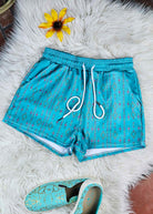 Teal Aztec Drawstring Shorts drawstring shorts The Cinchy Cowgirl (YC) XS  