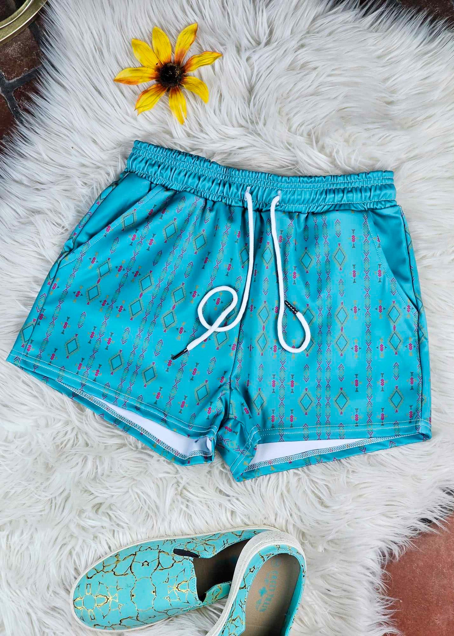 Teal Aztec Drawstring Shorts drawstring shorts The Cinchy Cowgirl (YC) XS  