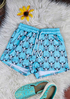 Teal Steer Skull Drawstring Shorts drawstring shorts The Cinchy Cowgirl (YC) XS  