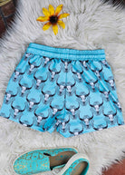 Teal Steer Skull Drawstring Shorts drawstring shorts The Cinchy Cowgirl (YC)   