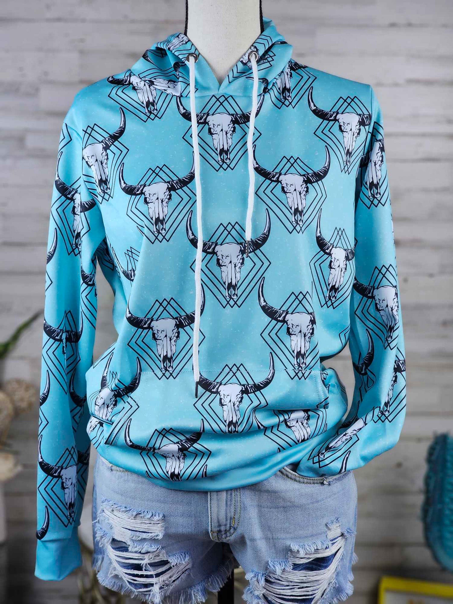 Teal Steer Skull Hoodie Hoodie The Cinchy Cowgirl (YC) S  