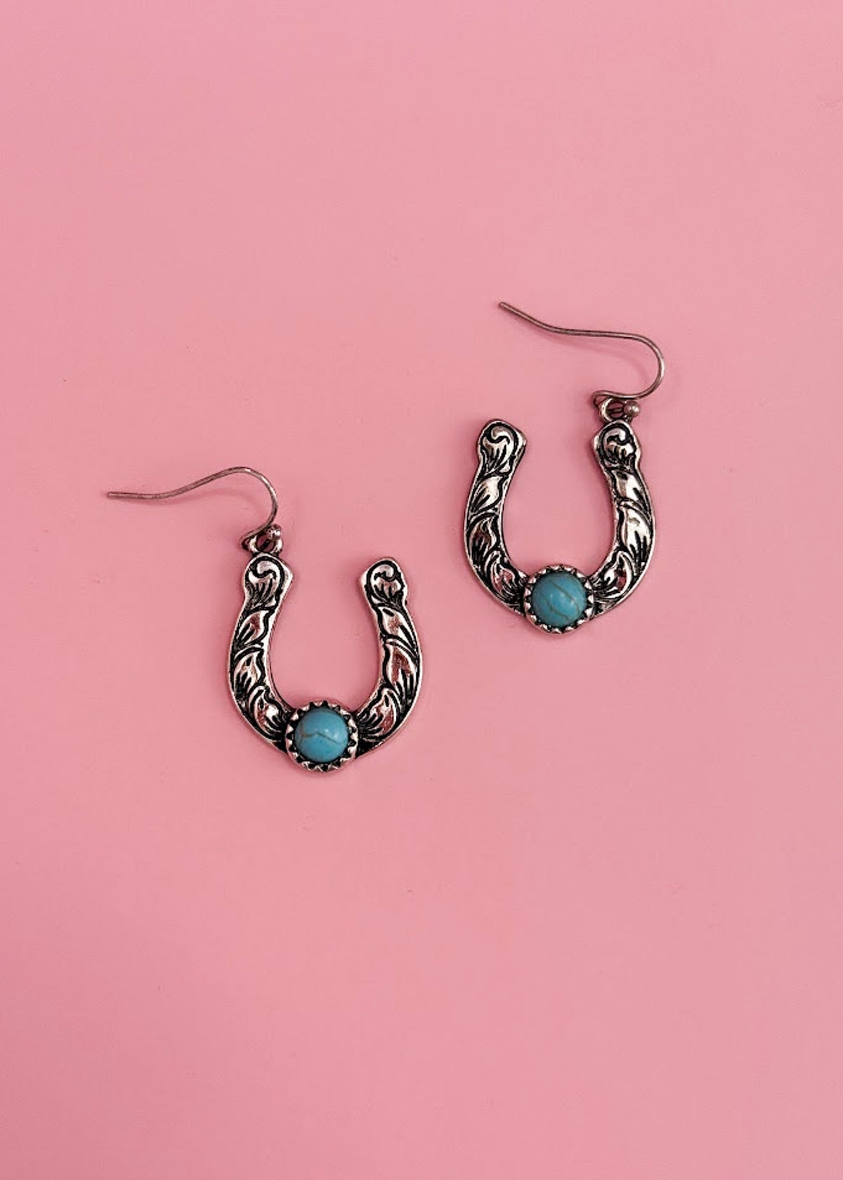 Tooled Turquoise Horseshoe Earrings Earrings The Cinchy Cowgirl (BT)