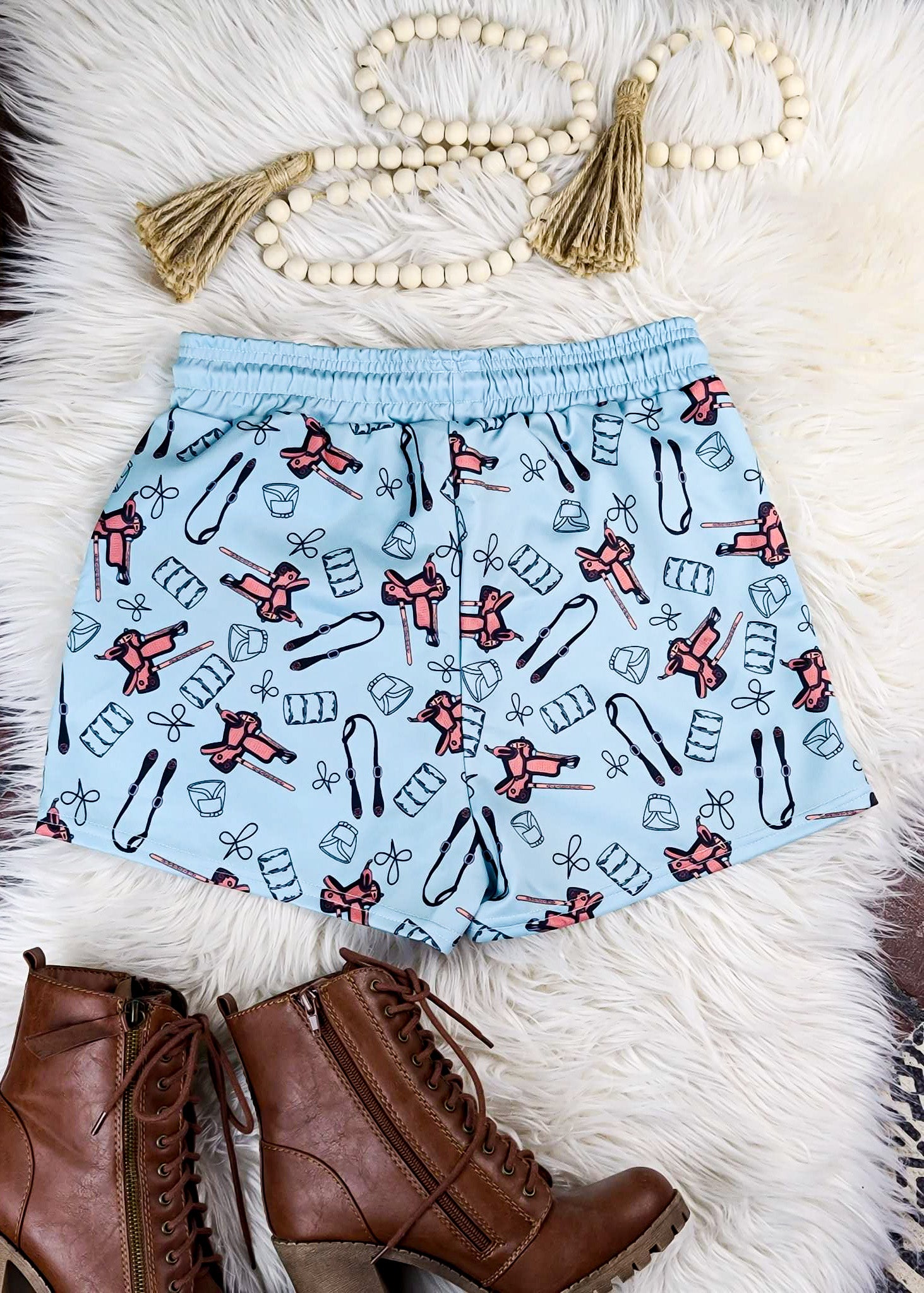 Turquoise Barrel Racer Drawstring Shorts drawstring shorts The Cinchy Cowgirl (YC)   