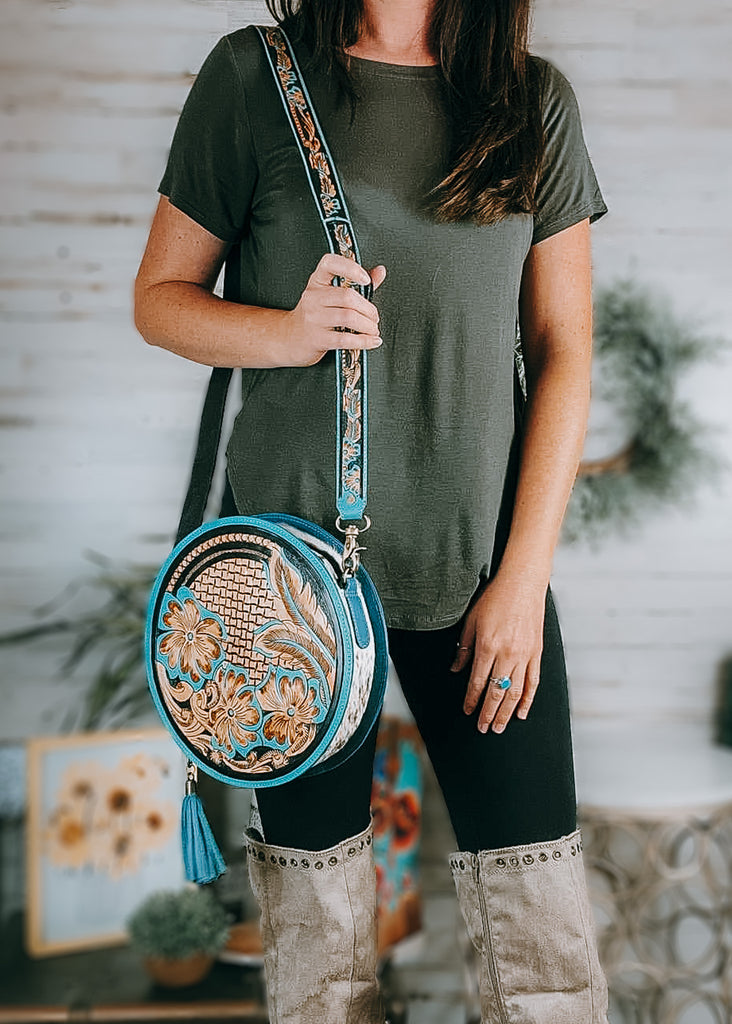 Turquoise Floral Tooled Round Handbag Crossbody Handbag Myra   