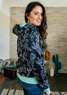 Turquoise & Black Cactus Hoodie Women's Pullover Hoodie With Drawstring The Cinchy Cowgirl (YC)   