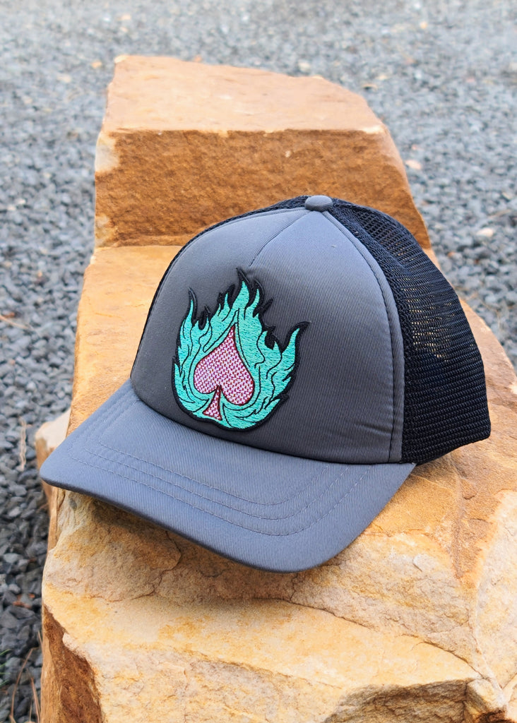 Flaming Spade Patch Grey And Black Trucker Hat patch trucker hat The Cinchy Cowgirl