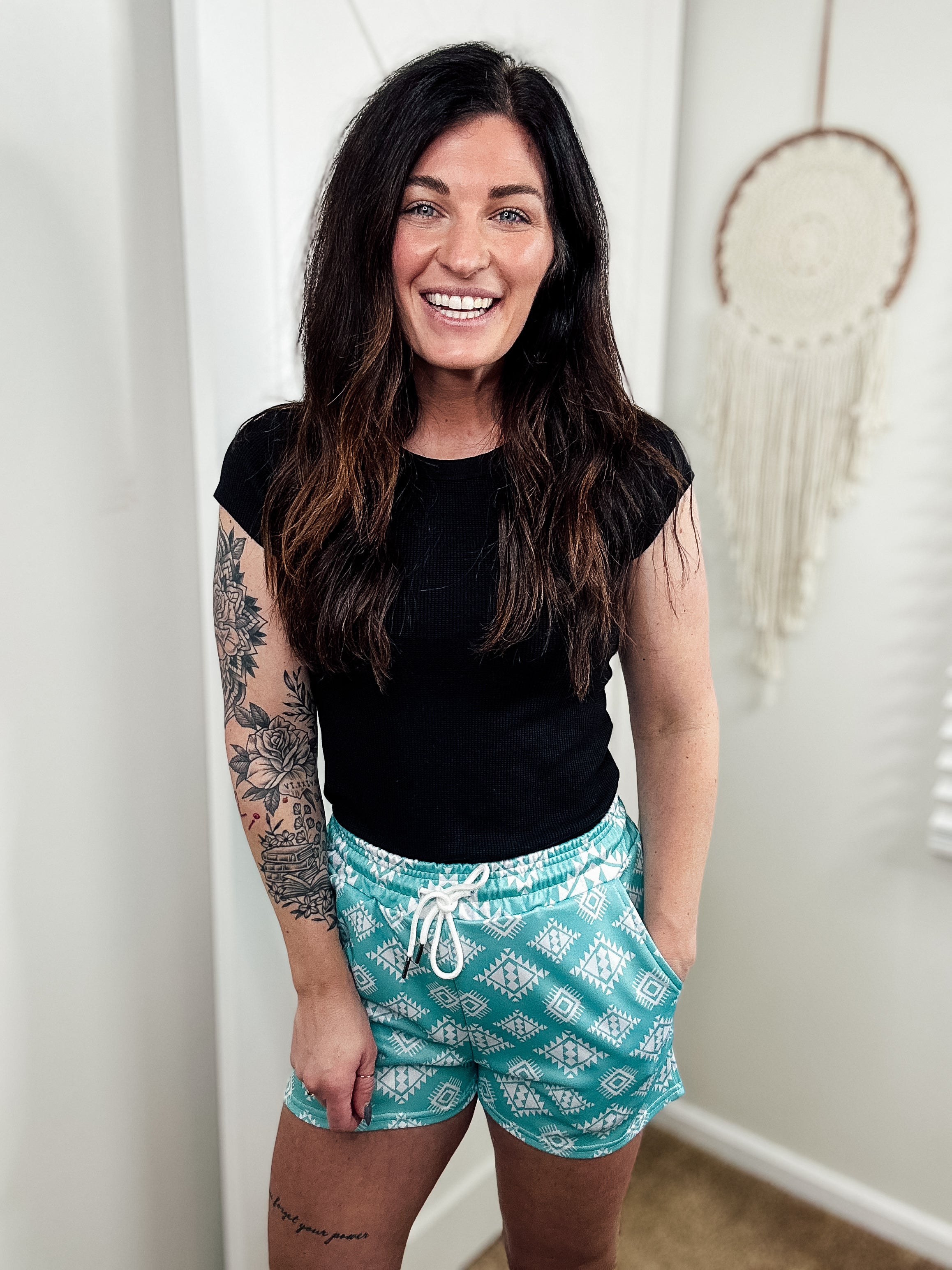 Turquoise & White Aztec Drawstring Shorts drawstring shorts The Cinchy Cowgirl (YC)