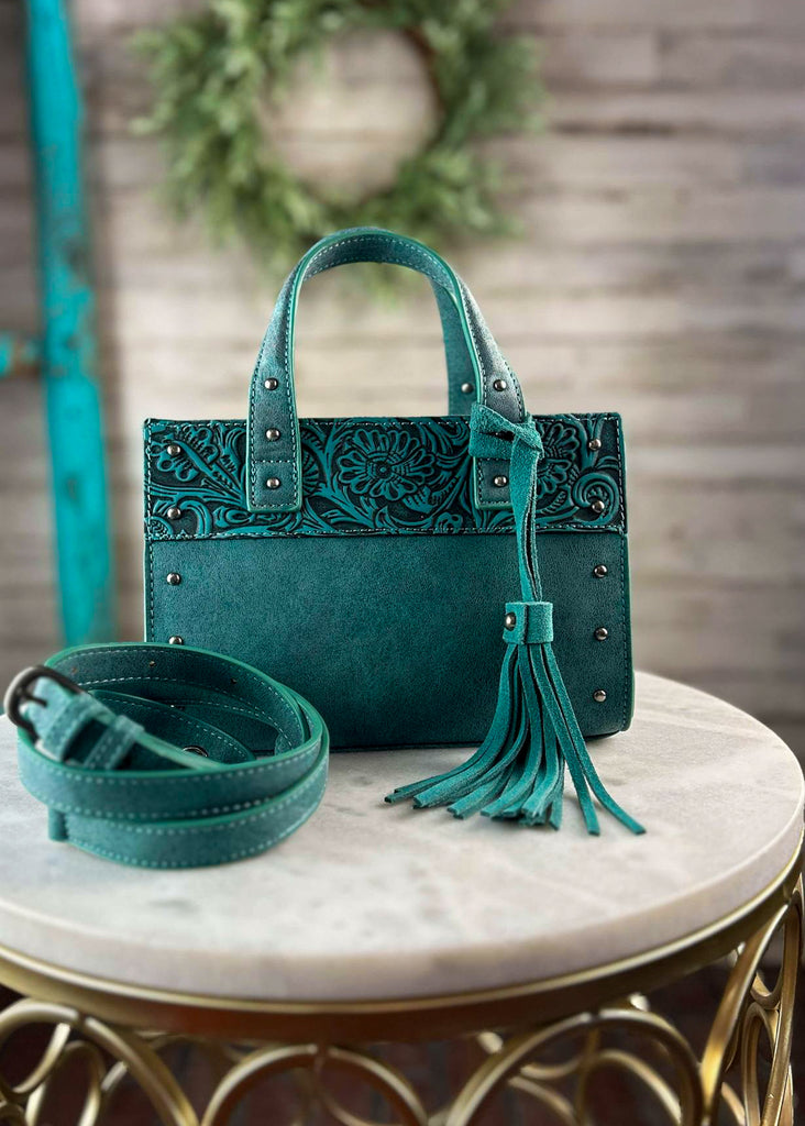 Turquoise Tooled Tote Crossbody Handbag Crossbody Handbag Montana West