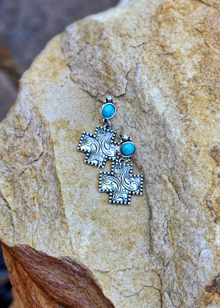 Cross Engraved Stud Earrings Earrings Blue Tortoise