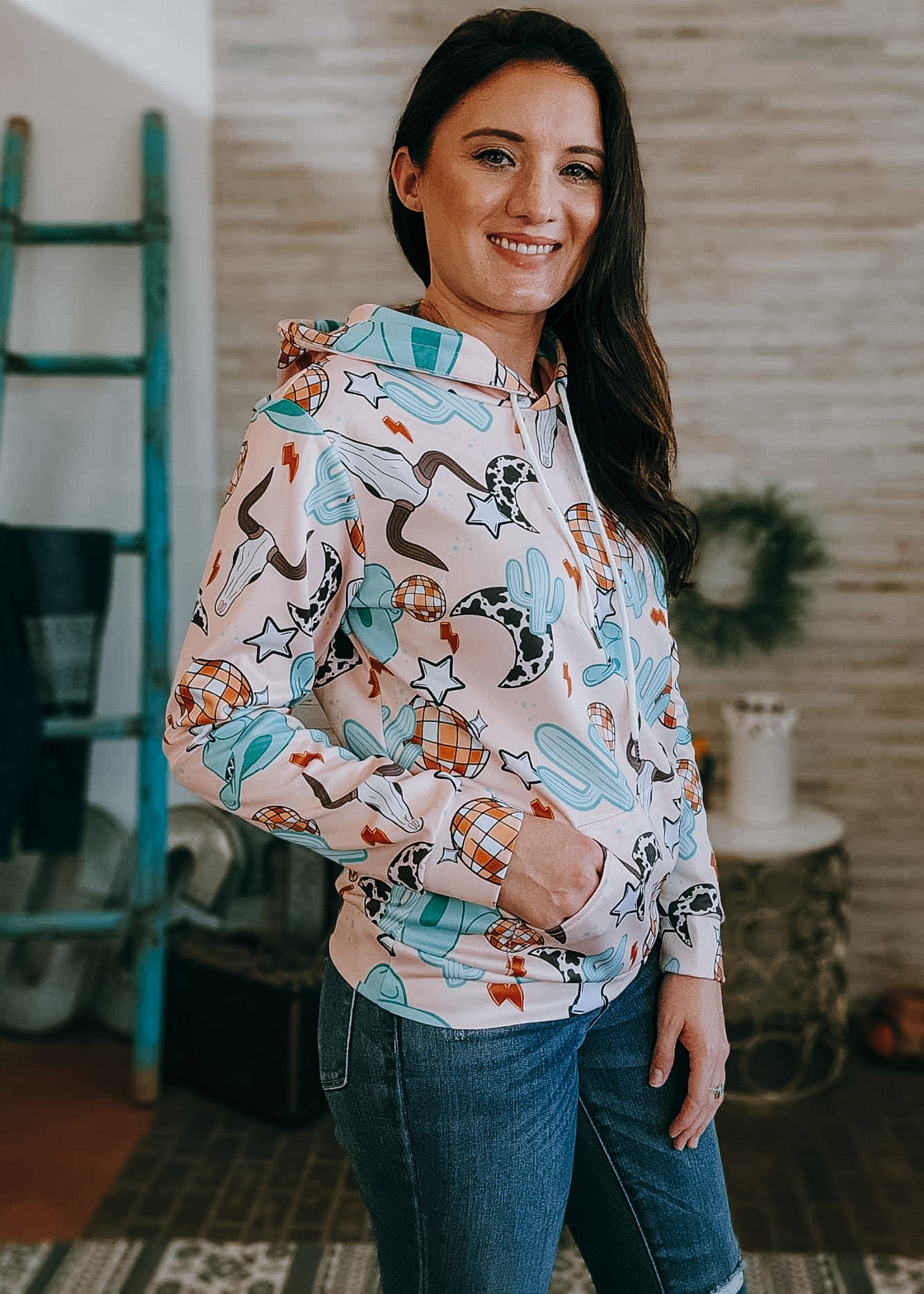 Western Disco Hoodie Women's Pullover Hoodie With Drawstring The Cinchy Cowgirl (YC) S  