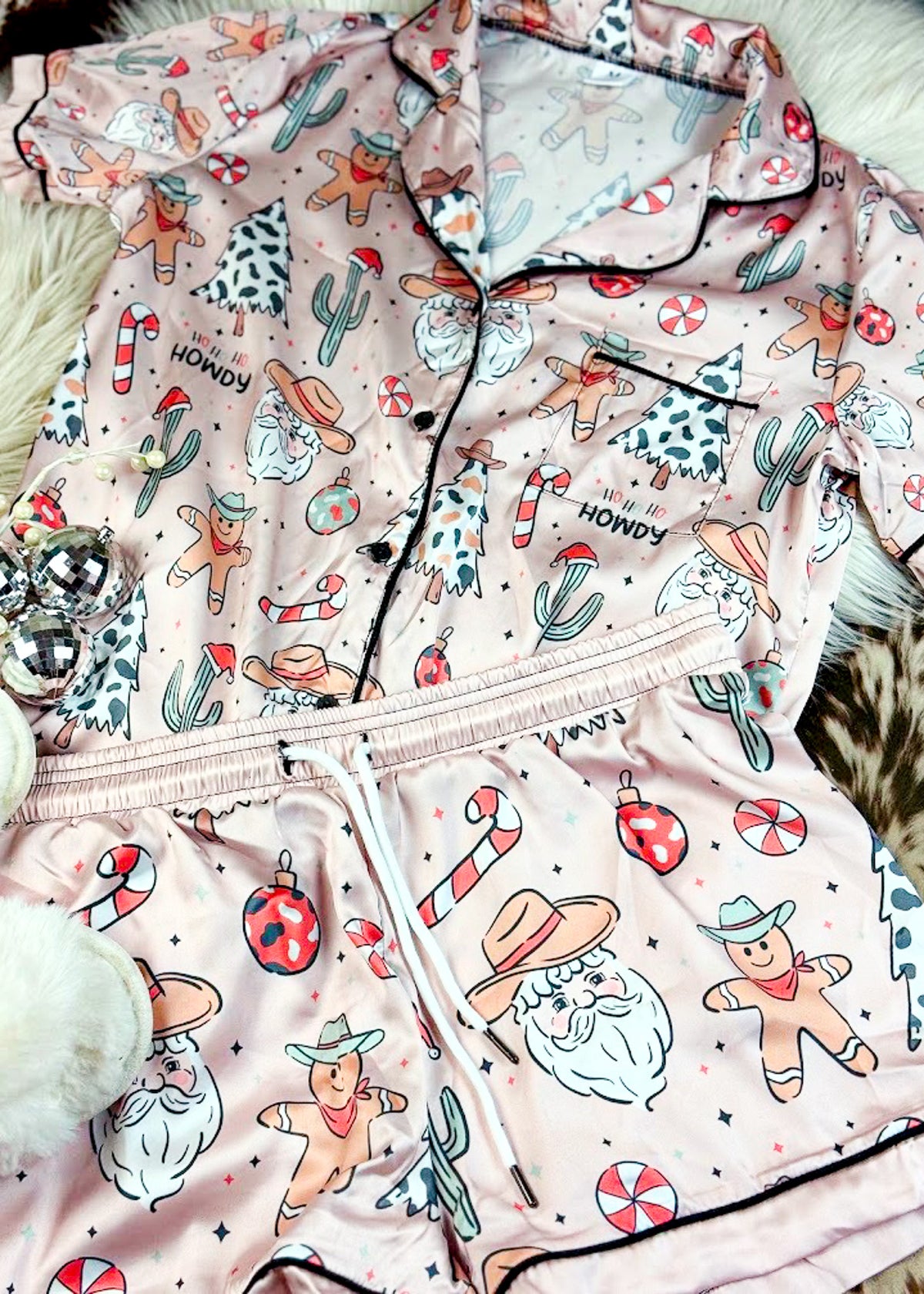 Western Santa Silky Short Pajamas silky pajamas - shorts The Cinchy Cowgirl (YC)