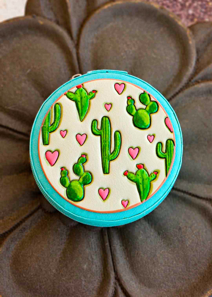 Western Tooled Leather Travel Jewelry Box - Cactus Blue Tortoise
