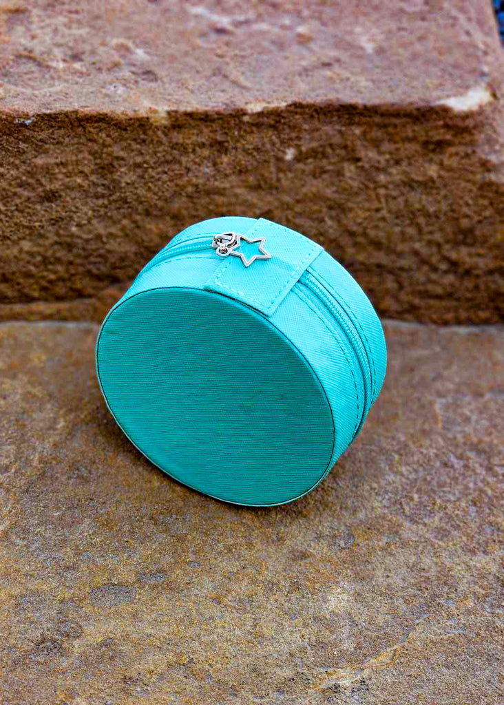 Western Tooled Leather Travel Jewelry Box - Cactus Blue Tortoise