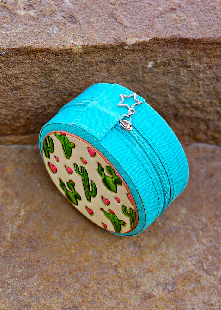 Western Tooled Leather Travel Jewelry Box - Cactus Blue Tortoise