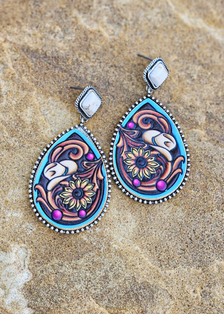 White Stud Flower Leather Stud Earrings Earrings Blue Tortoise