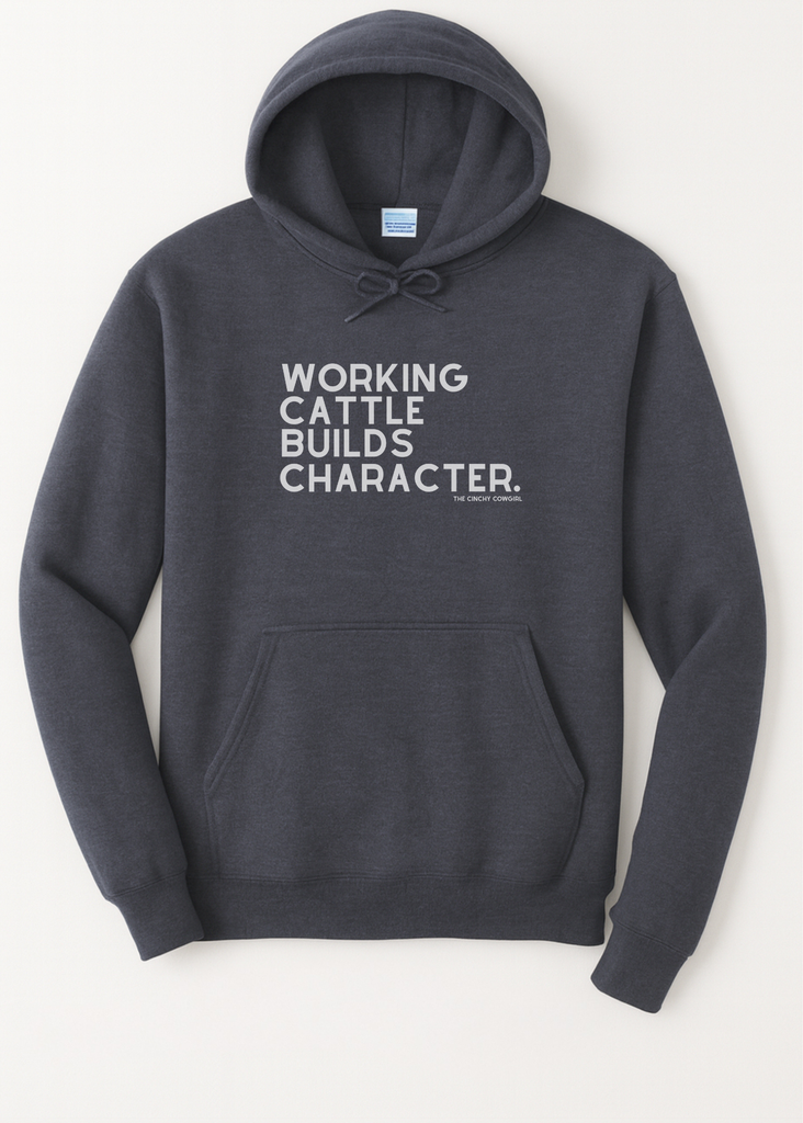 Working Cattle Builds Character Hoodie Graphic Hoodie The Cinchy Cowgirl Small Heather Navy