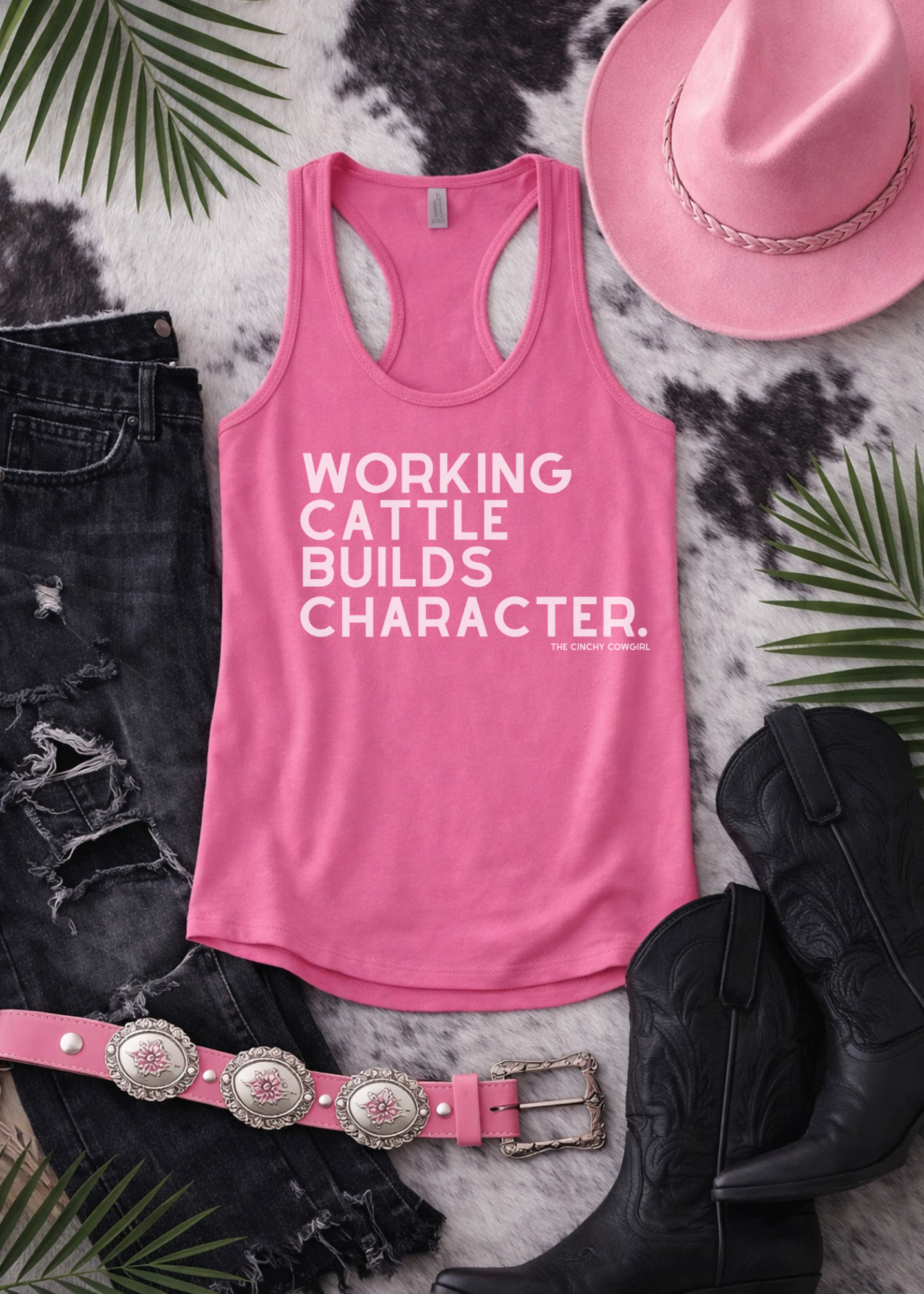 Working Cattle Builds Character Racerback Tank Tank Top The Cinchy Cowgirl - Print