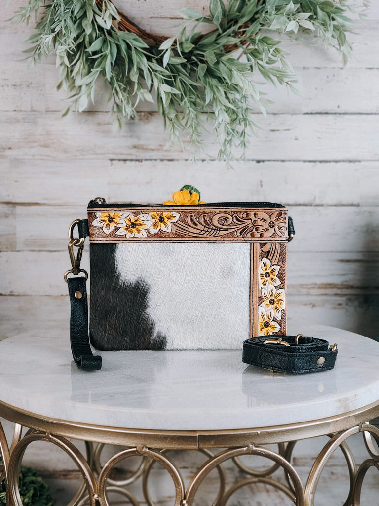 Yellow Floral Tooled Cowhide Crossbody & Wristlet Handbag Crossbody Handbag Sorrel South   