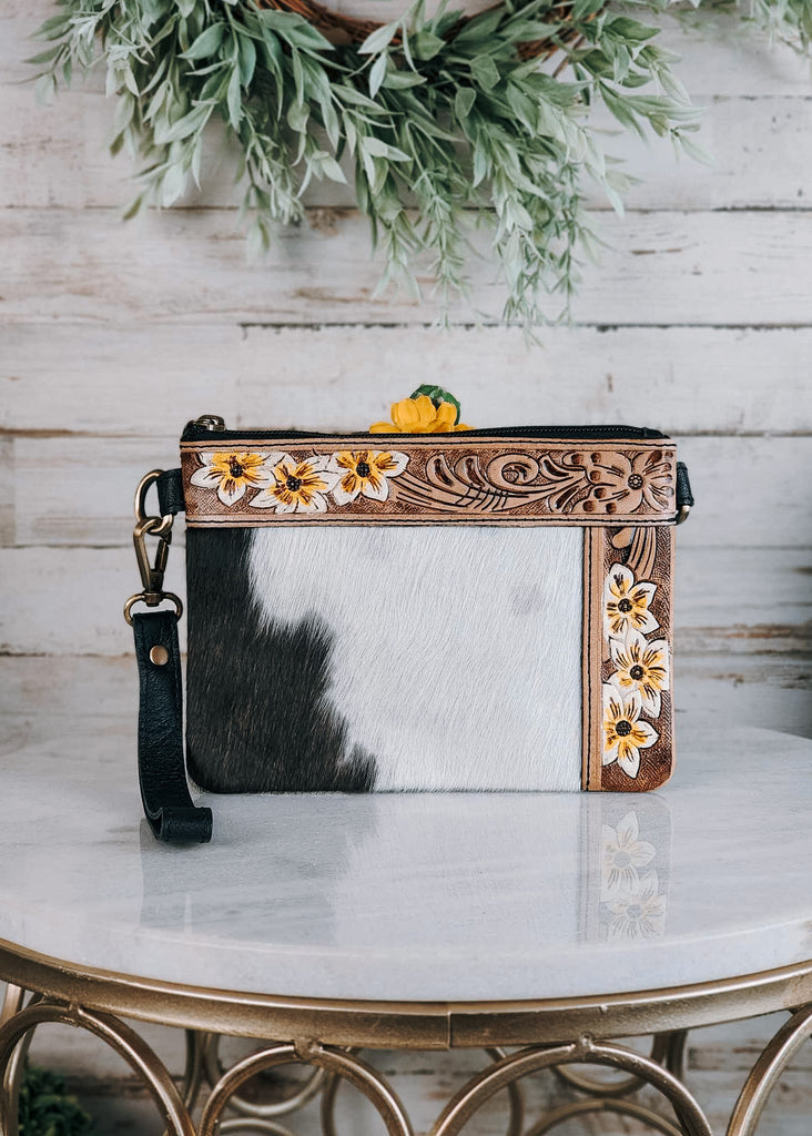 Yellow Floral Tooled Cowhide Crossbody & Wristlet Handbag Crossbody Handbag Sorrel South   