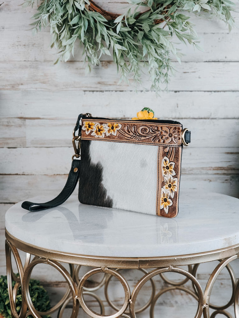 Yellow Floral Tooled Cowhide Crossbody & Wristlet Handbag Crossbody Handbag Sorrel South   