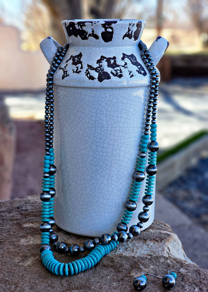Western Pearl and Beaded Layered Necklace set Necklace Blue Tortoise