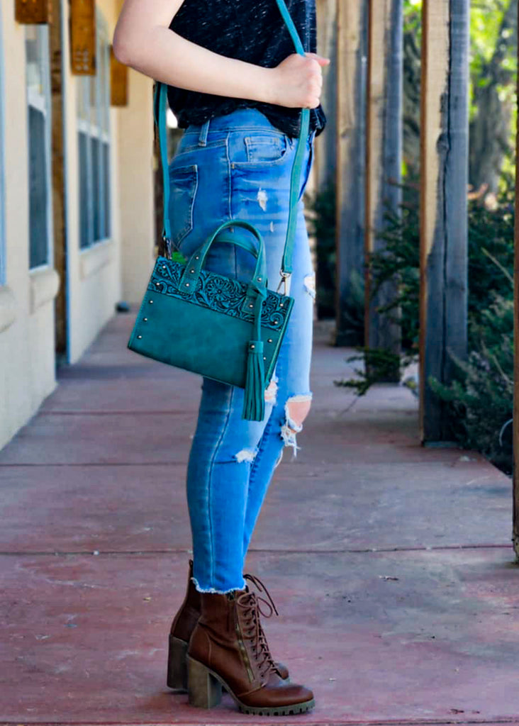 Turquoise Tooled Tote Crossbody Handbag Crossbody Handbag Montana West