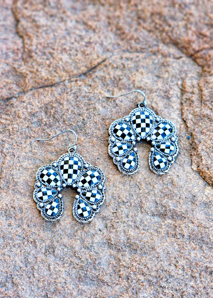 Western Checker Squash Blossom Dangle Earrings Earrings Blue Tortoise