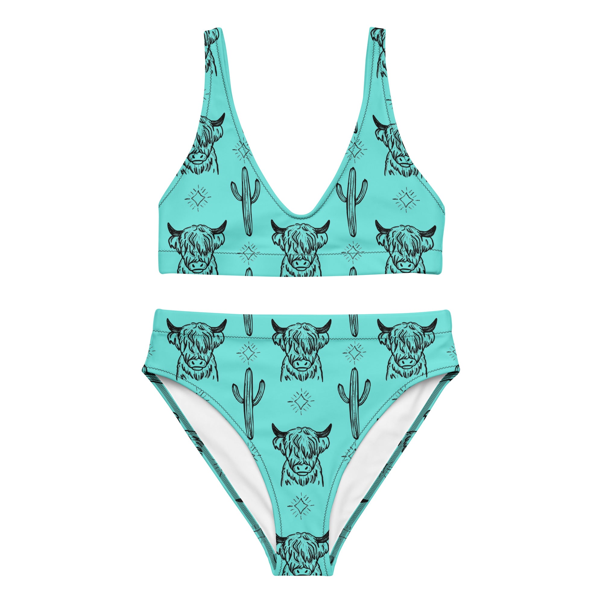 Turquoise Highland Cow High Waisted Bikini  The Cinchy Cowgirl XS  