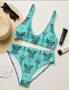 Turquoise Highland Cow High Waisted Bikini  The Cinchy Cowgirl   