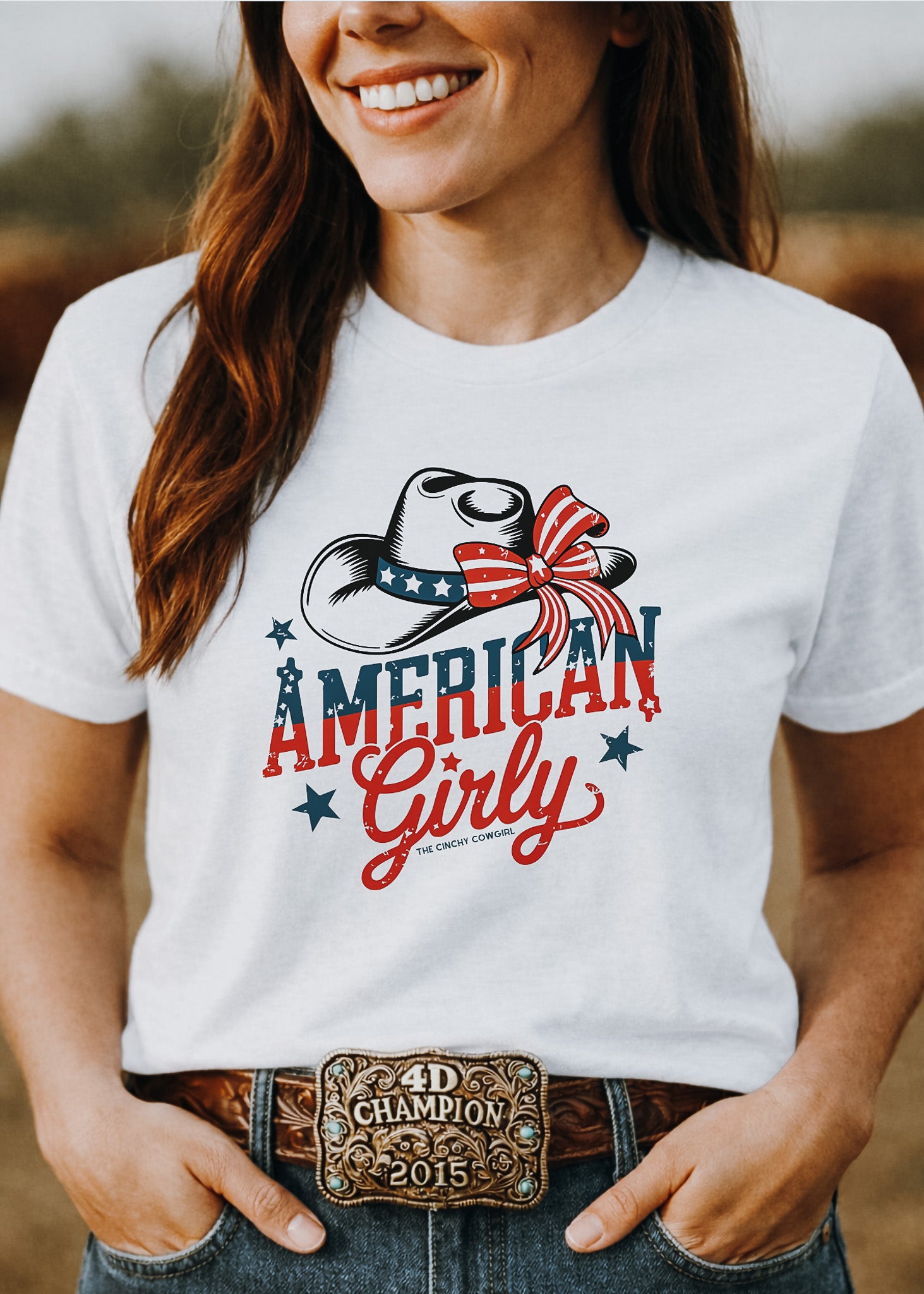 Patriotic American Girly Short Sleeve Tee Graphic Tee The Cinchy Cowgirl - Print
