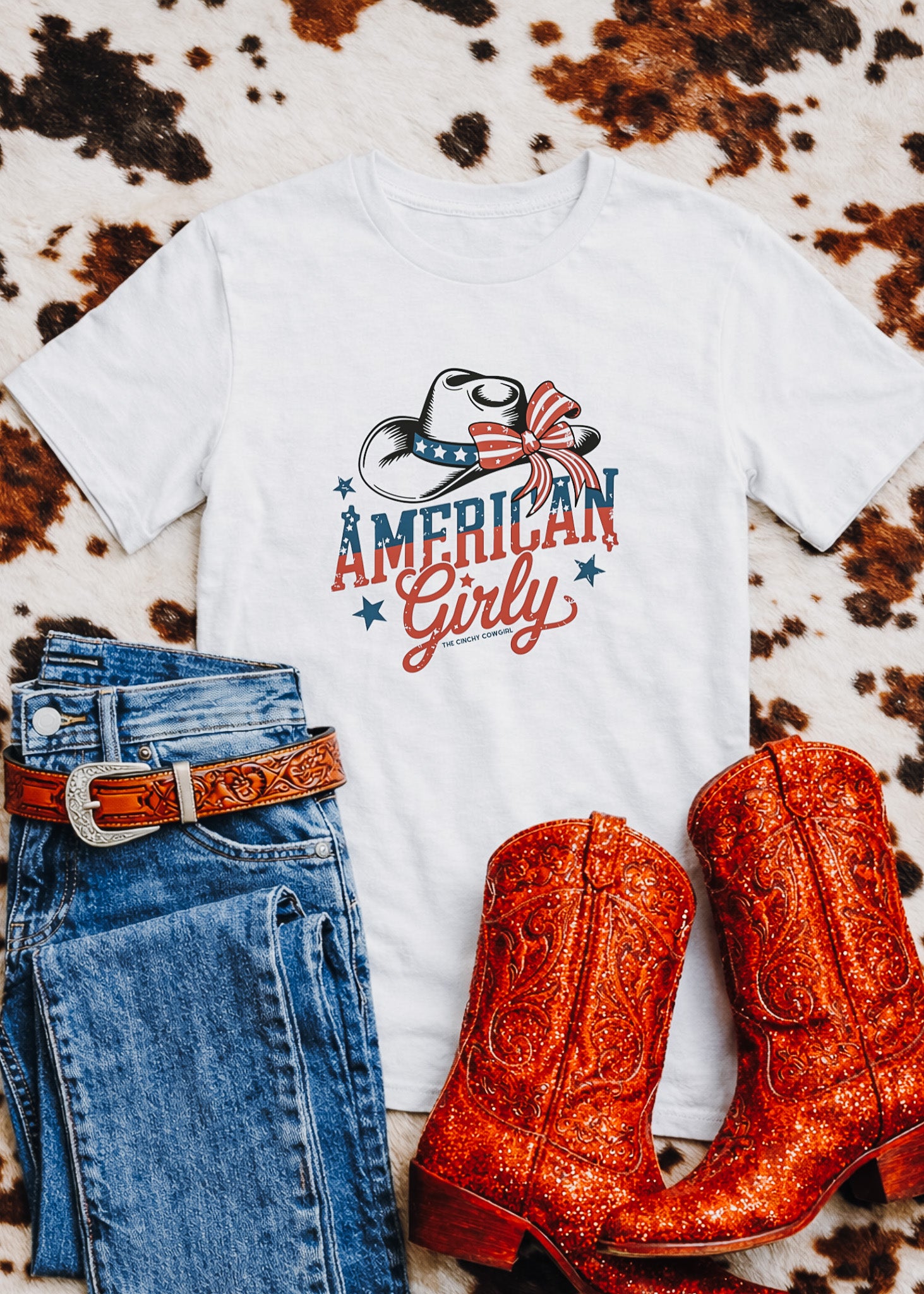 Patriotic American Girly Short Sleeve Tee Graphic Tee The Cinchy Cowgirl - Print