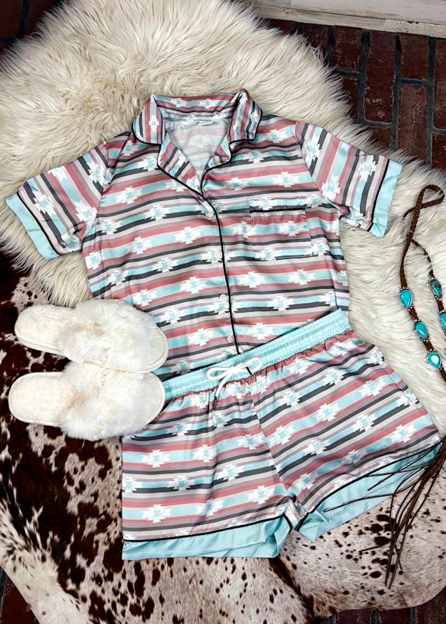 Pastel Aztec Silky Shorts Pajamas silky pajamas - shorts The Cinchy Cowgirl (YC)