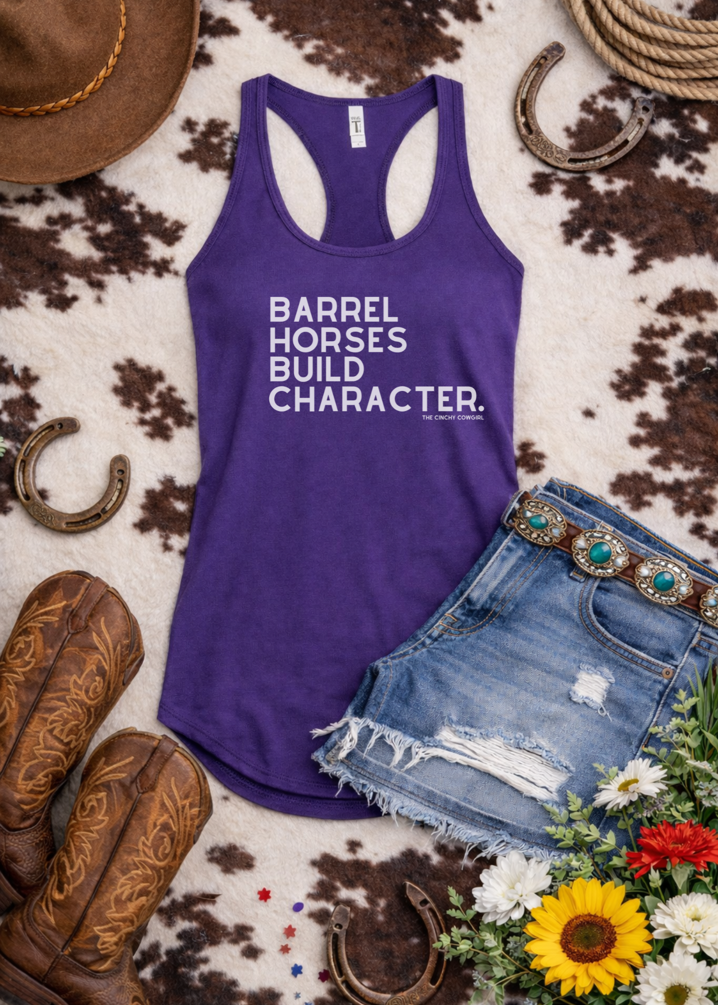 Barrel Horses Build Character Racerback Tank Tank Top The Cinchy Cowgirl - Print