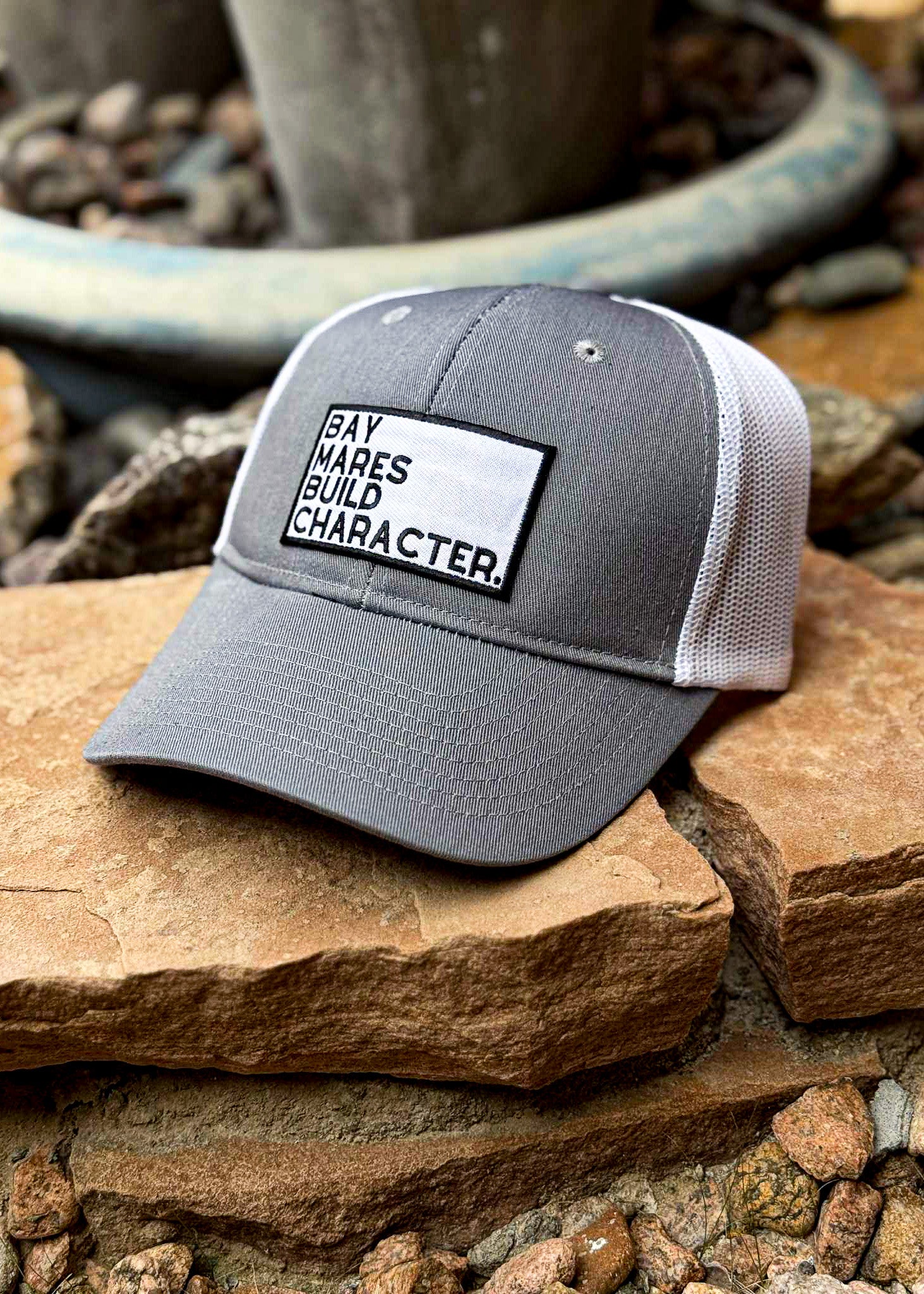 Patch Bay Mares Build Character Trucker Hat Patch TCC Hat The Cinchy Cowgirl Gray & White