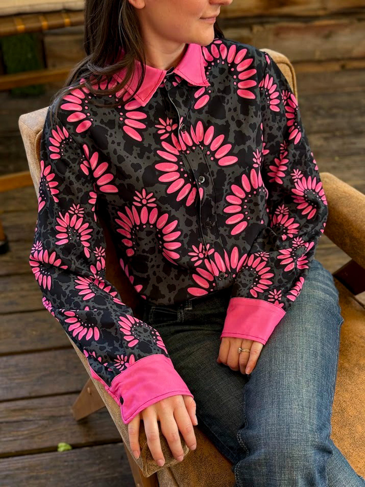 Pink & Black Squash Blossom Long Sleeve Button Down YC Long Sleeve Button Down The Cinchy Cowgirl (YC)