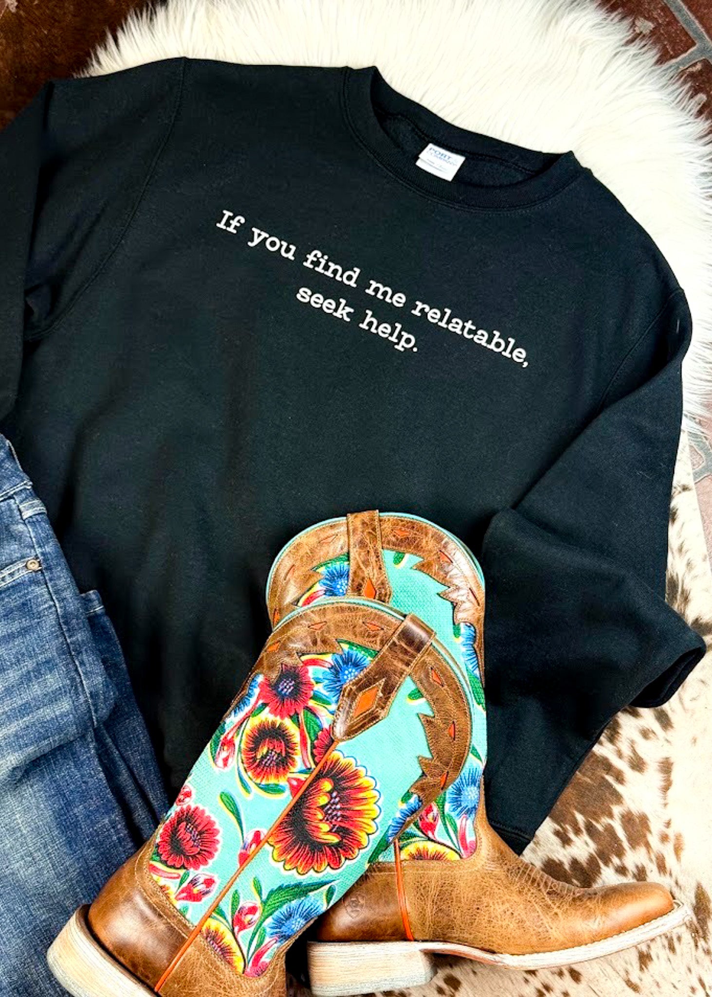 Black Find Me Relatable Pullover $15 pullover sale The Cinchy Cowgirl