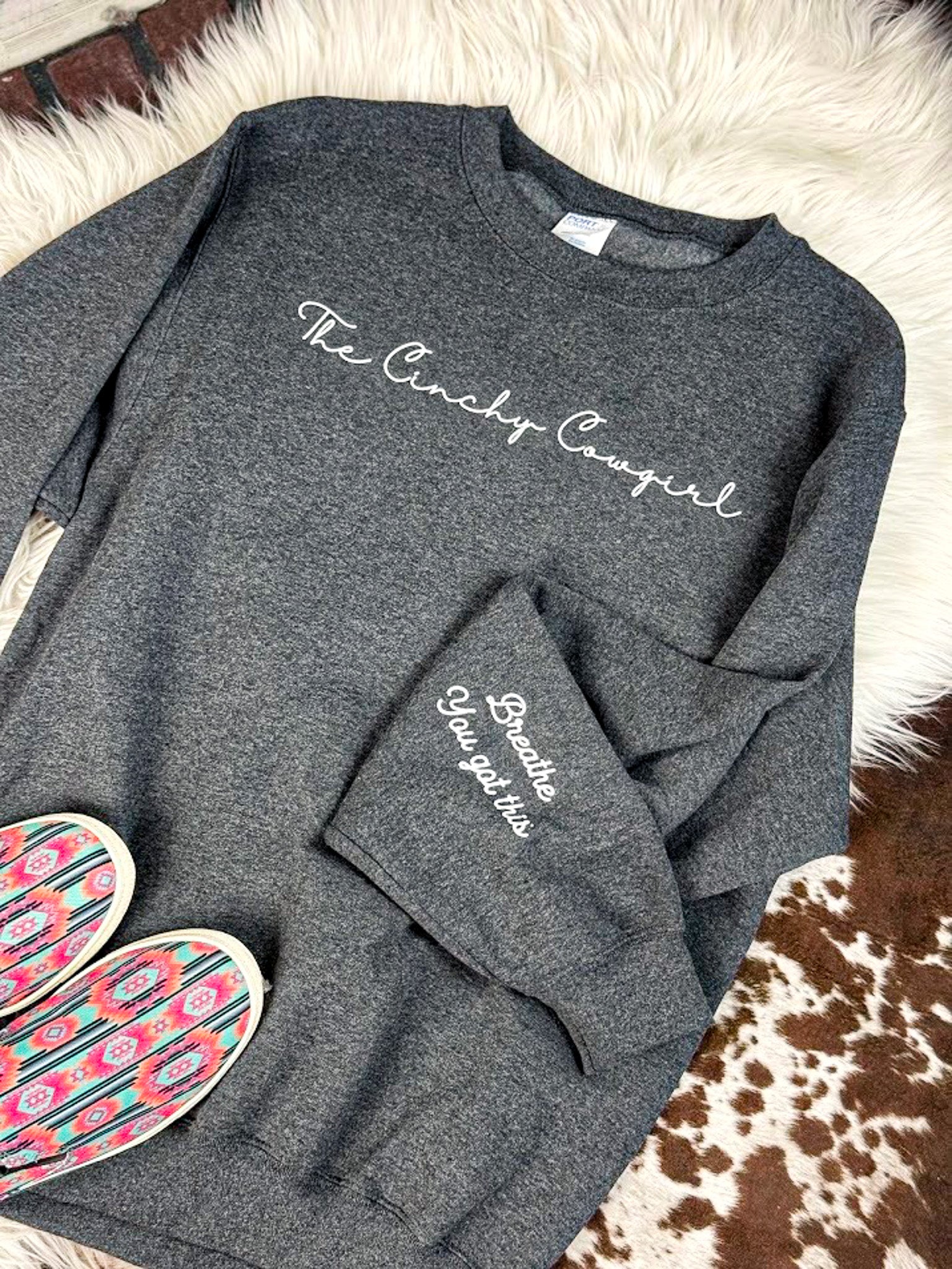 Dark Gray Breathe You Got This Pullover $15 pullover sale The Cinchy Cowgirl