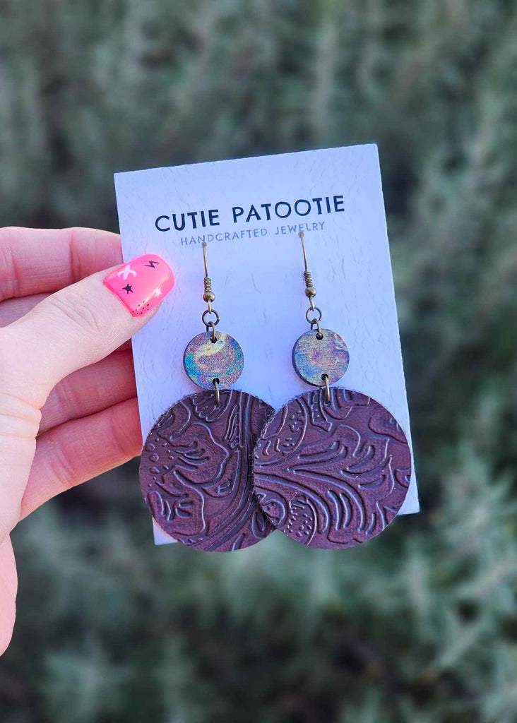 Brown Tooled Leather Colorful Handcrafted Earrings earrings Cutie Patootie   