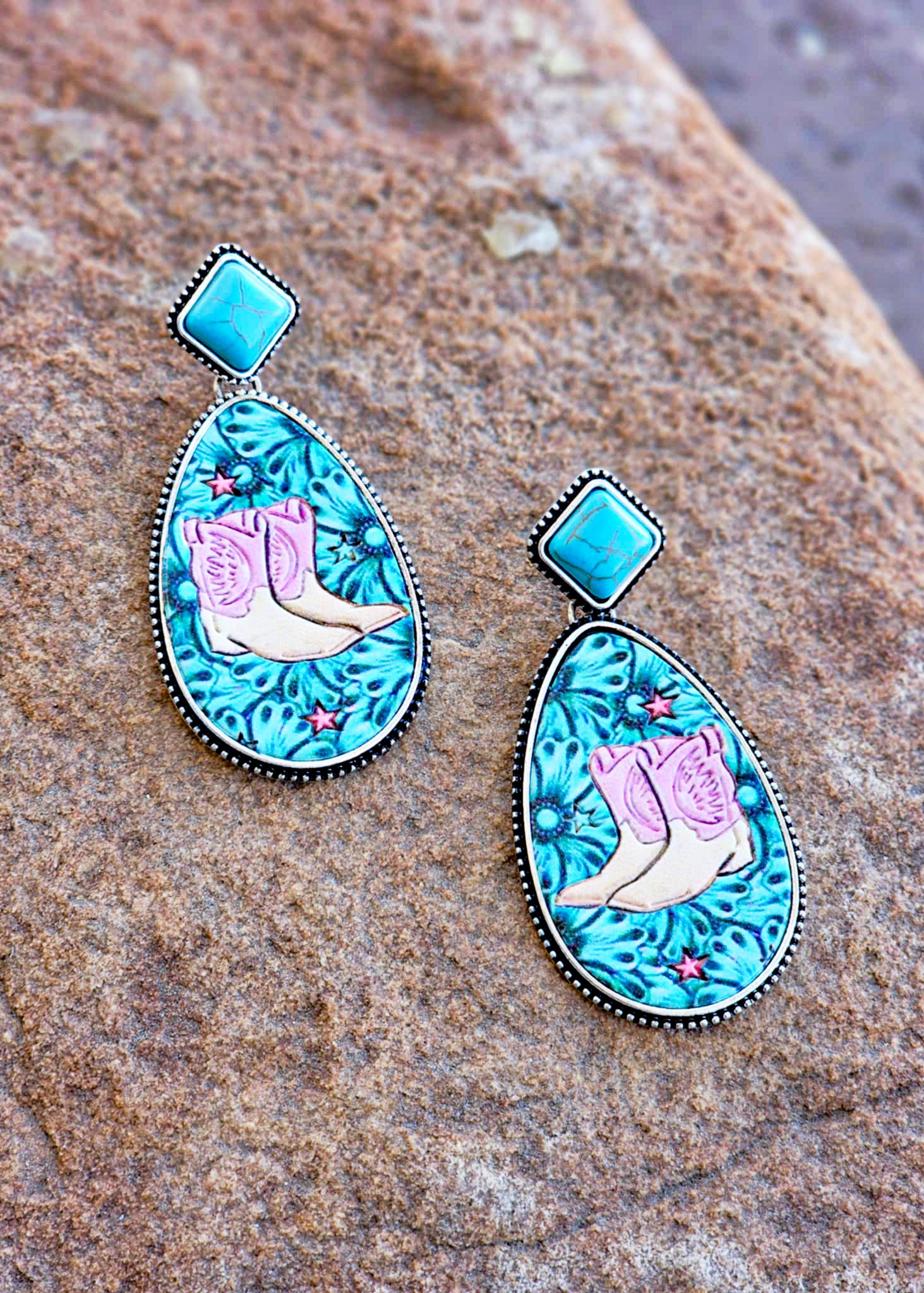 Western Cowboy Boots Embossed Leather Stud Earrings Earrings Blue Tortoise